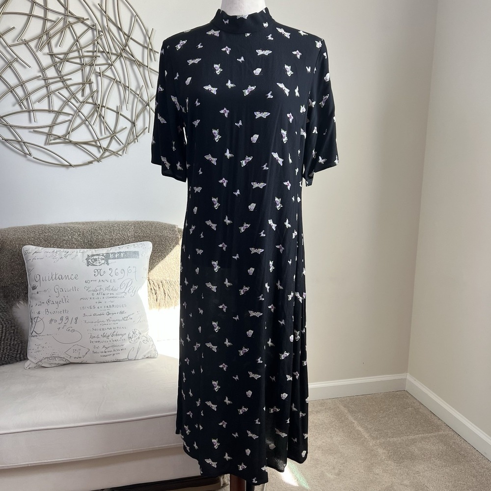 & Other Stories Black Butterfly Print Midi Dress Mock Neck Short Sleeve Size 10